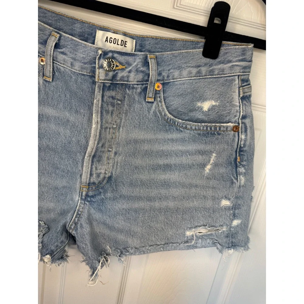 AGOLDE Parker High Rise Distressed Denim Shorts Light Wash Blue Size 27